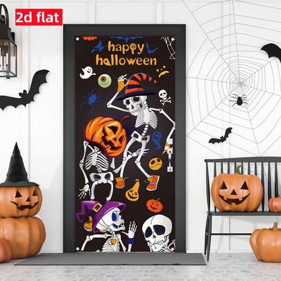 1pc Cartoon-Style Patchwork Skull "Happy Halloween" Door Banner/Flag Featuring Pumpkin, Spider, And Skeleton Patterns; Suitable For Halloween, Yards/Gardens/Lawns, Indoor/Outdoor Use, Trick-Or-Treating, And Photography Backdrops.