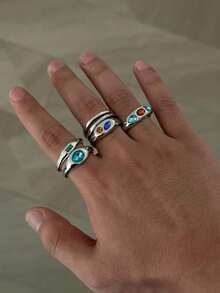 6pcs Vintage Distressed Silver Asymmetrical Colorful Gemstone Ring Set, Textured Colorful Rhinestone Rings, American Y2K Men's Stackable Hand Jewelry - White K - View 4