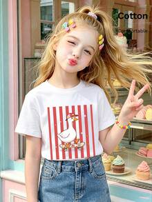 Girls Short Sleeve T-Shirt With Skateboarding Duck Print On Red And White Striped Background - White - View 5
