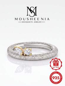 MOUSHEENIA 925純銀 Toi Et Moi 戒指，鑲嵌梨形與圓形莫桑鑽，金色爪鑲，錘紋飾面，獨特禮物 - 戒指 - 查看 1