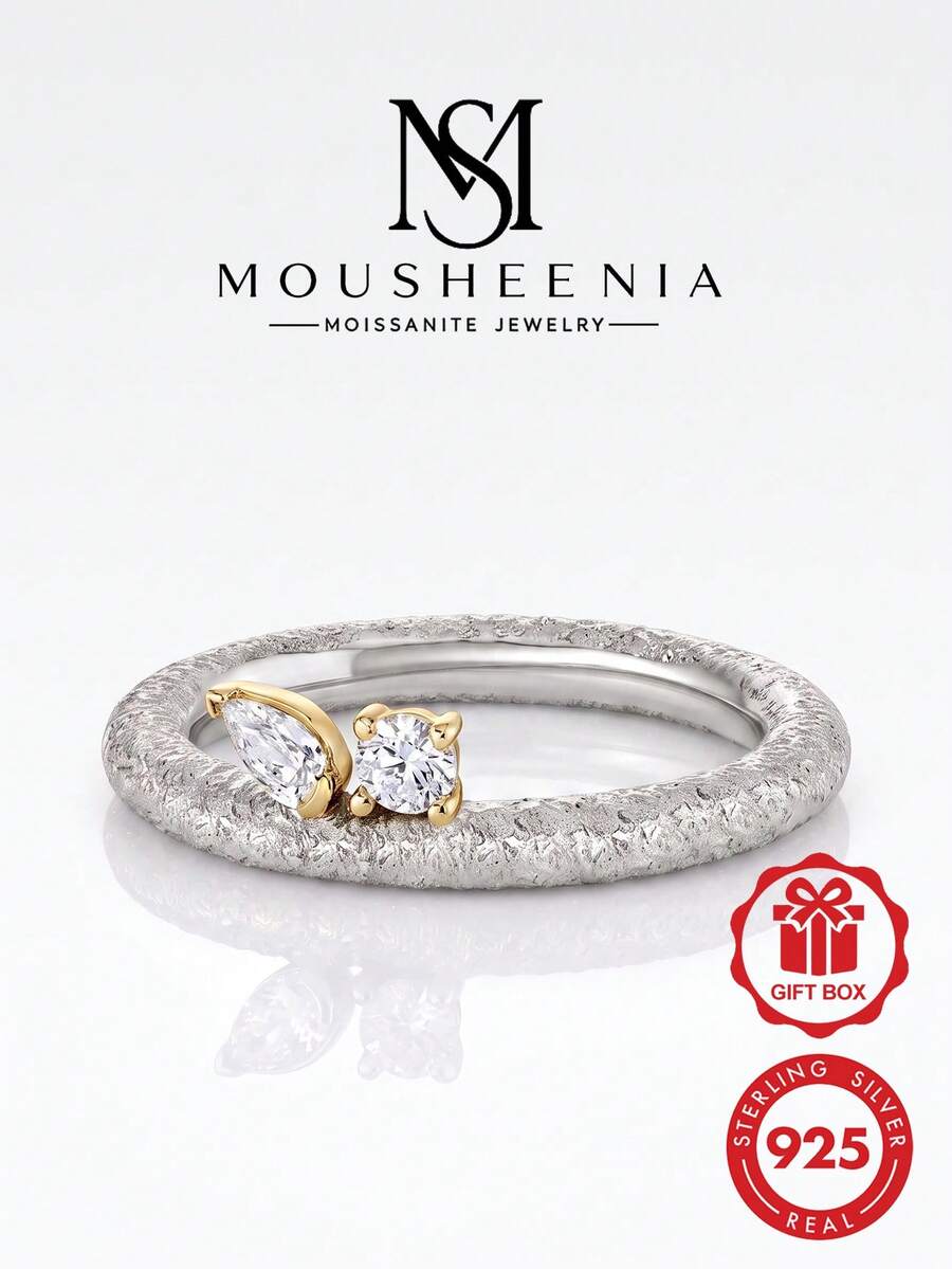 MOUSHEENIA 925純銀 Toi Et Moi 戒指,鑲嵌梨形與圓形莫桑鑽,金色爪鑲,錘紋飾面,獨特禮物 - 戒指 - 查看 1