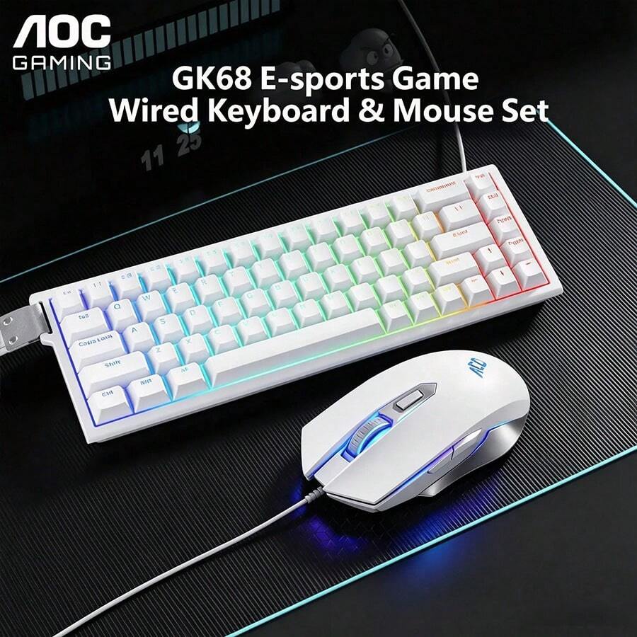 AOC 有線電競鍵盤滑鼠套裝，68鍵機械手感 RGB 背光電腦遊戲鍵盤