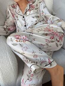 Dreamivo 2pcs/Set Women's White Floral Long Sleeve Long Pants Pajama Loungewear Set - White - View 4