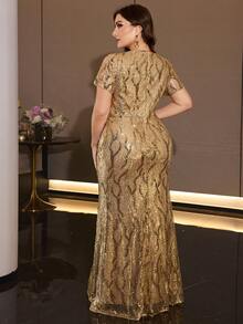 XUIBOL High-Quality Elastic Elegant Sequin Patchwork Super Slim Fit Plus Size V-Neck Evening Dress, Suitable For Date Night, Wedding Party, Cocktail Party - Champagne - View 3