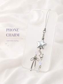 1pc Silver 3D Star Dangle Phone Charm Bowknot Iridescent Clear Crystal Bead Tassel Pendant Thin Silver String Detachable Lanyard Decor For Cell Phone Earbud Case Handbag Coquette Y2K Aesthetic Accessory Birthday Gift For Teen Girls - Multicolor - View 4
