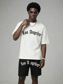 Men's Summer Fashion Los Angeles Short Sleeve T-Shirt And Shorts 2 Pieces Casual Everyday Set - Black and White - View 1