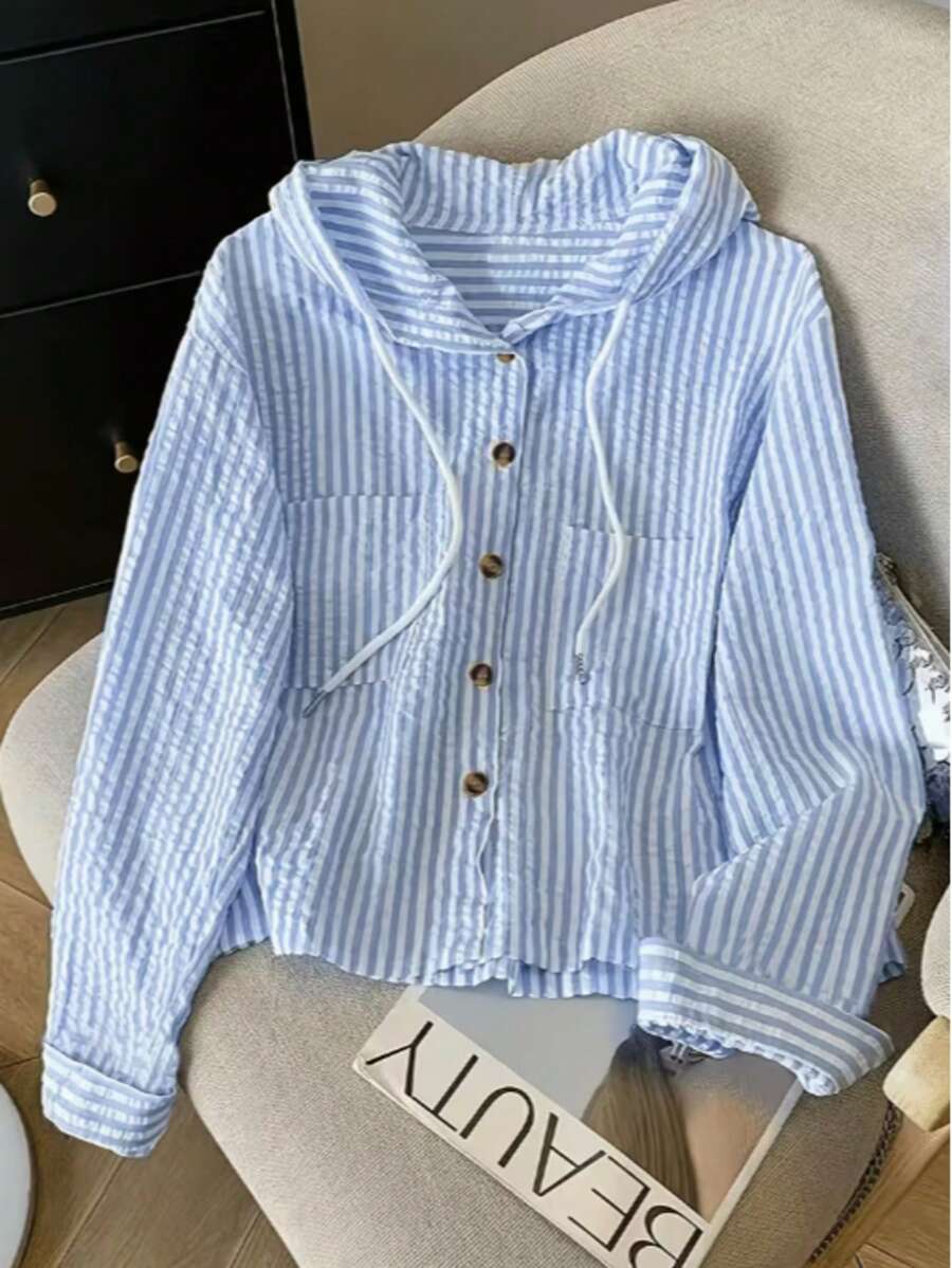 女款優雅百搭連帽條紋撞色休閒寬鬆長袖襯衫 - 藍色 - 查看 1