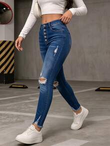 Women's Mid-Waist Slim Fit Distressed Jeans, Button Fly, Dark Wash Vintage Denim, Creating A Retro Fashion Style - Dark Wash - View 5