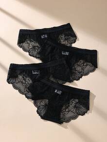4 buah Celana Dalam Segitiga Wanita Pinggang Rendah Motif Renda Hitam, Romantis & Seksi - MultiWarna - View 6
