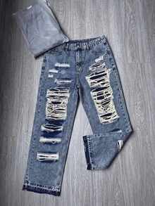 Vintage Distressed Denim Jeans For Men, Street Style Frayed Hem Straight Leg Jeans, Blue Washed Loose Fit Versatile Denim Pants - Blue - View 2