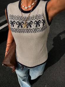 Women's Sleeveless Round Neck Knitted Vest Top, With Pattern, Suitable For Autumn/Winter Outfits, Autumn Women's Casual Wear - Camel - View 1