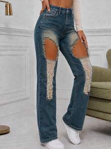 Damen Vintage Distressed Denim Jeans, Y2K Stil Lässig Gerade Beine Hose, Knopf Detail Design, Leicht Dehnbar, Bequem zu Tragen - Blau - Übersicht 2