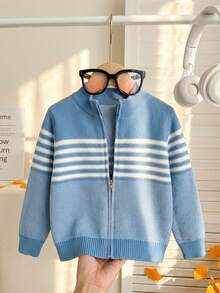 Boys' Preppy Contrast Color Striped Zip-Up Cardigan Sweater Jacket, Suitable For School, Spring, Autumn, Winter - Blue - View 3