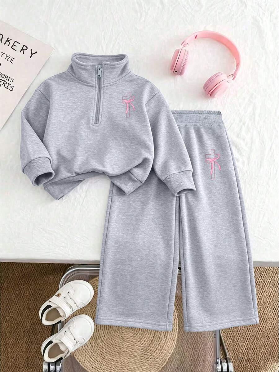 2pcs Girls' Cross Bow Print Half-Zip Sweatshirt & Pants Set, Fashionable & Comfortable Autumn/Winter Outfit - Grey - View 1