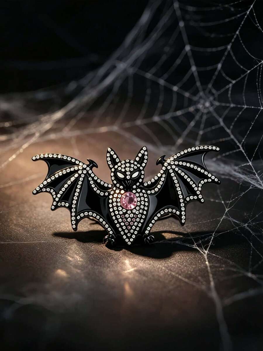 Black Enamel Rhinestone Bat Brooch, Gothic Halloween Lapel Pin, Dark Style Animal Women's Accessory - Black - View 1