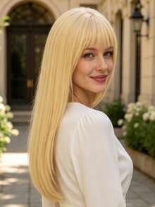 Elegant 24 Inch Gold Straight Hair Wig With Bangs, Smooth And Natural, Fashionable And Versatile, Suitable For All Women's Daily Wear And Party Events - Gold - View 2