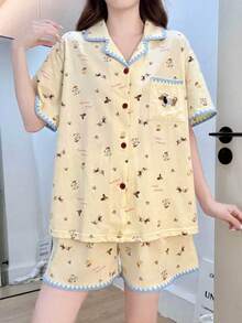2pcs/Set Women's Pajamas Homewear Set, Lapel Cardigan Cute Animal Print Short Sleeve Shorts, Comfortable For Home - Yellow - View 2