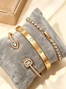 1 Stück/3 Stücke Luxus Edelstahl Herz Armband, Zirkonia Armband Set, geeignet für den täglichen Gebrauch von Frauen, Geschenk, Party und modische Weihnachtsgschenk Wahl. - Gold - Übersicht 5