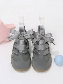 Girls' Gentle Ballet Style Casual Shoes, Self-Tie Grey Bow Satin Ribbon Flat Shoes, Suitable For All-Season Outings And Daily Wear - Grey - View 4
