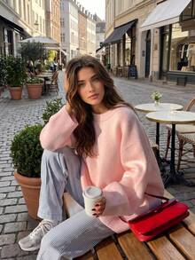 Senya Novo Suéter de Tricô de Manga Longa com Gola Redonda Rosa Romântico para Outono/Inverno para Mulheres, Suéter Pulôver Ultra Solto da Moda para o Dia dos Namorados - Rosa chiclete - Visão 1