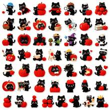 50pcs Autumn Knit Texture Kitten Sticker Pack, Cute Black Cat Apple Cartoon Vinyl Stickers, Suitable For Notebooks, Luggage, School Diaries, Scrapbooks - Multicolor - View 9