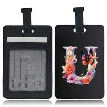 PU Leather Suitcase Tag With Hidden Card Slot Detachable Quick Release Strap Anti Scratch Wearproof Portable For Business Travel Overseas Trip Student Bag And All Luggage Sizes Initial Name Butterfly Letter 26 Letters Pattern - Black 1pc - View 30