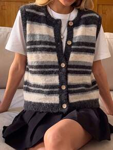 JIANHU Autumn/Winter Striped Knit Vest, Women's Comfortable Fuzzy Sweater Vest, Button Front, Casual Layering Fall - Dark Gray - View 3