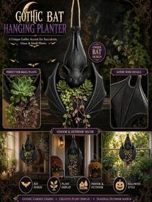 1pc Bat Shaped Hanging Planter, Hanging Bat Planter, Halloween Gothic Hanging Planter Rack Home Decor, Black Bat Flower Basket Vase Garden Hanging Basket, Suitable For Succulents, Vine Plants, Indoor And Outdoor Decoration, Living Room, Patio Or Office Desk Decoration, Great Gift For Plant Lovers, Gothic Room Decor Enthusiasts, Collectors And Gardening Hobbyists, Halloween Decoration, Halloween, Halloween Home Decor, Room Decoration - Counterfeit - View 4