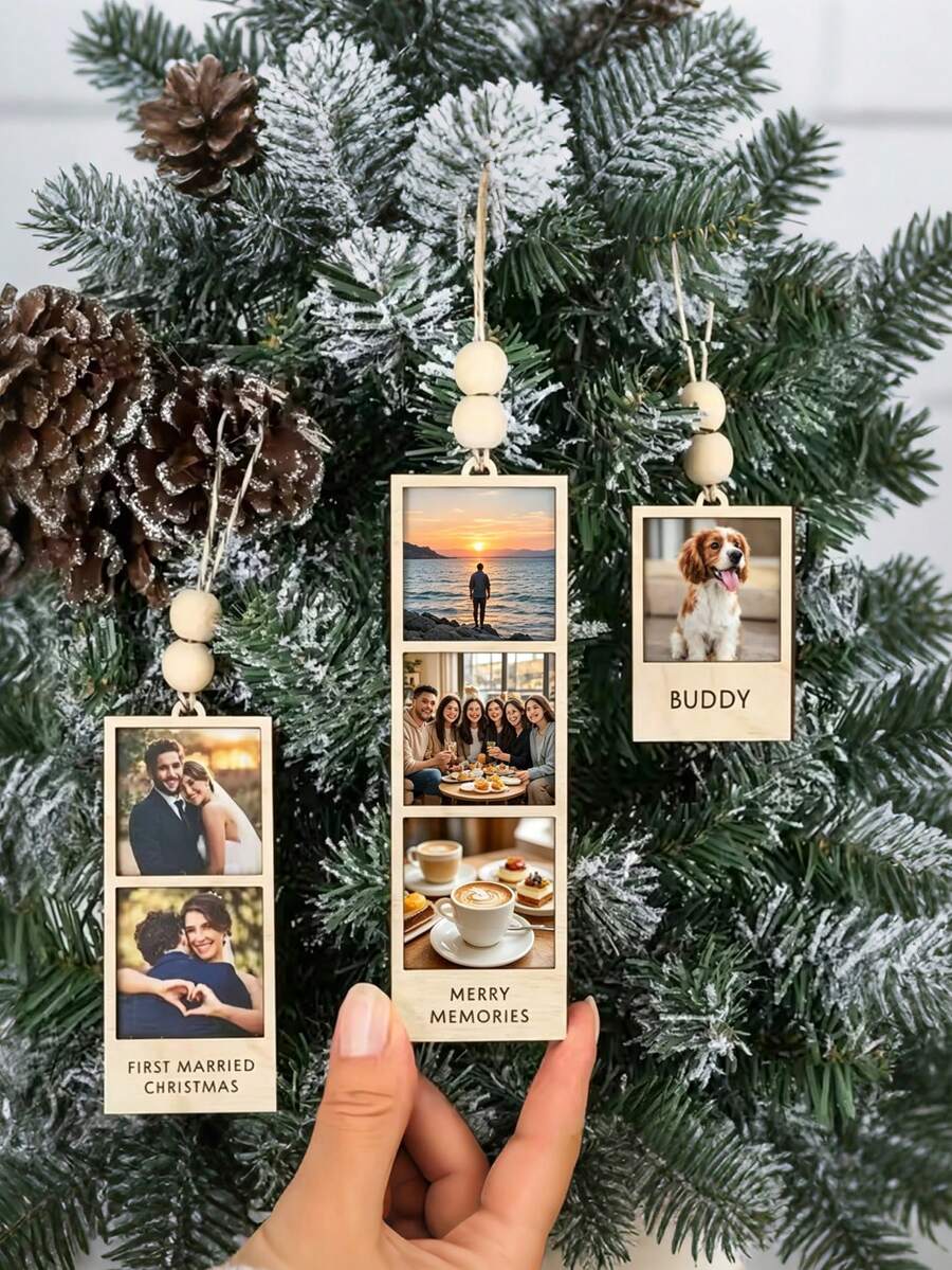 1pc Personalized Customized Wooden Multi-Grid Small Photo Frame Hanging Decor, Family Holiday Christmas Customizable Photo & Text, Hanging Home Decoration, Wedding Celebration Birthday Party Souvenir, Pet Picture Home Craft, Small Gift - Multicolor - View 1