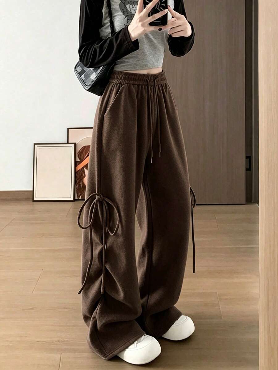 春/夏韓式彈性腰收身繫帶蝴蝶結寬鬆寬腿運動長褲 女款