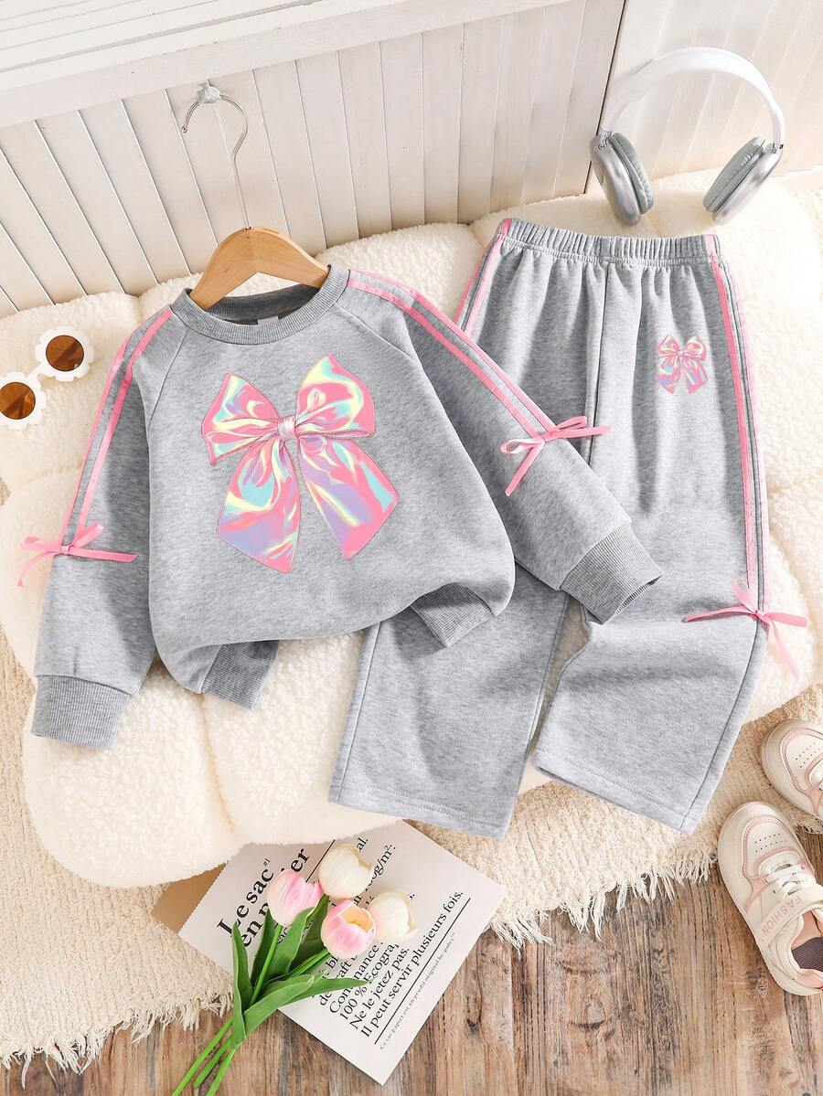 Tween Girl Bow Print Long Sleeve Crew Neck Sweatshirt And Pants Casual Set - Grey - View 1