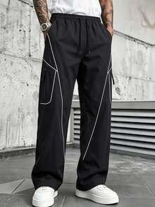 Men's Black Asymmetric White Line Wide Leg Pants, Side Zipper Pocket Drawstring Loose Lightweight Streetwear Long Pants - Black - View 2