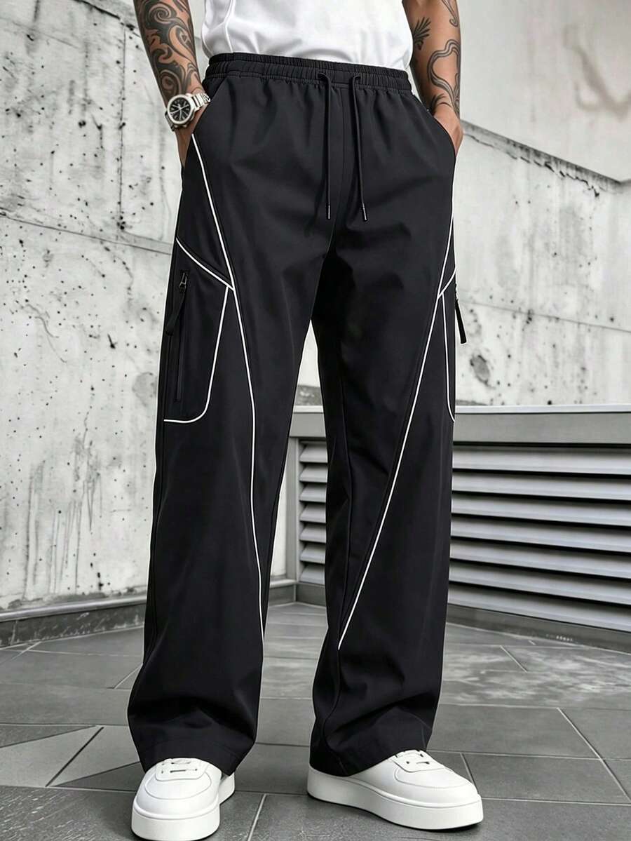 Men's Black Asymmetric White Line Wide Leg Pants, Side Zipper Pocket Drawstring Loose Lightweight Streetwear Long Pants - Black - View 1