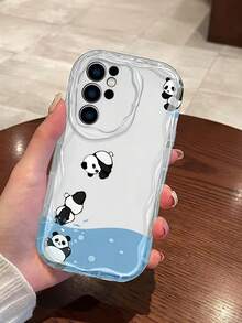 1pc Creamy Big Wave Ins Style Minimalist Cute Cartoon Panda Pattern Phone Case, Milky White Wave Texture Full Coverage Soft Shell Compatible With Samsung, Series Phones - Clear - View 3