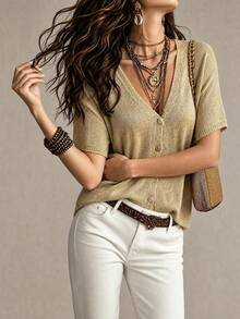 Women's Casual Elegant V-Neck Flared Sleeve Button-Front Short Sleeve Cardigan, Beach Party Outing Summer - Gold - View 7