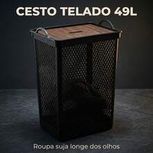 Black Mesh Multipurpose Laundry Basket 49L With Lid And Wooden Label - Negro - Ver 9
