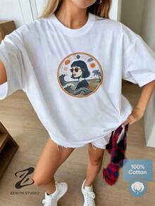 Retro Seaside Sunglasses For Girls, Pure Cotton Short Sleeve Summer Vacation Top With Badge Print - 白色 - 查看 1