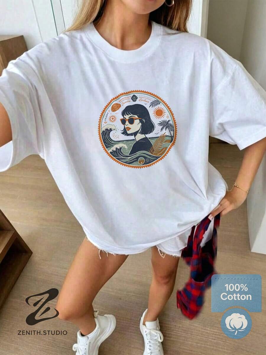 Retro Seaside Sunglasses For Girls, Pure Cotton Short Sleeve Summer Vacation Top With Badge Print - 白色 - 查看 1