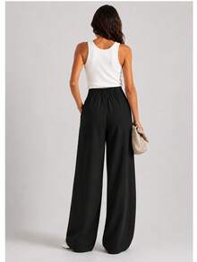 Women's High Waist Asymmetric Wrap Front Button Detail Wide Leg Pants - 黑色 - 查看 4