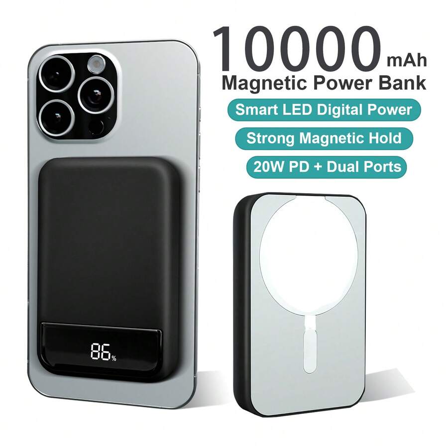 2025 Magnetic 15W Power Bank For IPhone,10000mAh Magsafe Battery Pack With 15w Fast Charging,Slim Magsafe Power Bank In&Out,With LED Display,Wireless Portable Charger For IOS 16/15/14/13/12 Series Podoru For MagSafe Battery Pack, 10000mAh Power Bank - 黑色帶LED顯示 - 查看 1