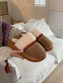 XIXITIAO Fluffy Warm Platform Slide Slippers, Fashion Closed Toe Winter House Shoes - Brown - View 5