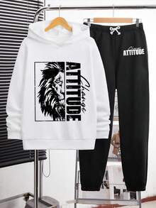 Tween Boys' Cartoon Pattern Warm Hoodie And Sweatpants - White - View 1