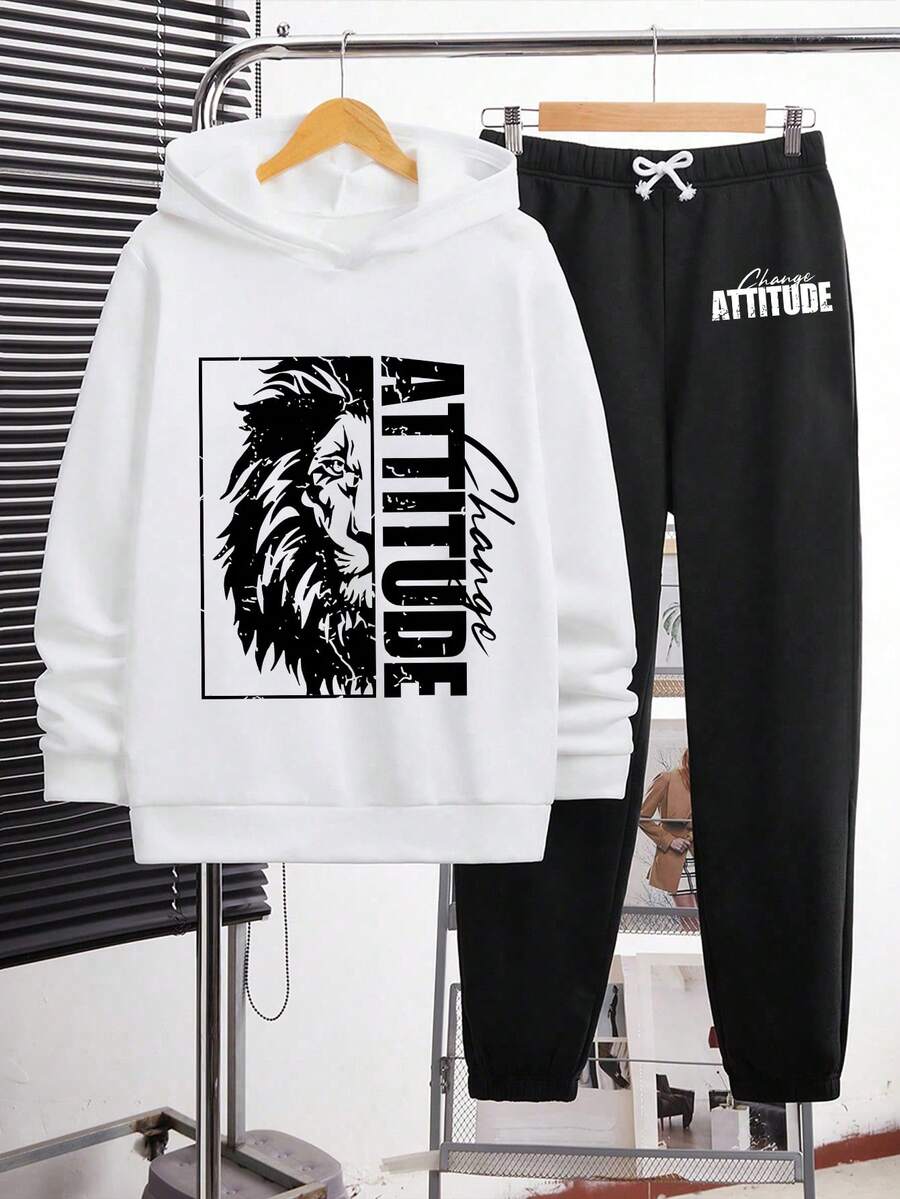 Tween Boys' Cartoon Pattern Warm Hoodie And Sweatpants - White - View 1