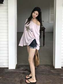 American Lazy Leopard Print Star Graphic T-Shirt Casual - Pink - View 8