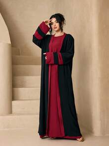 Fashionable Versatile Ice Silk Crinkled Long Robe 4-Piece Set For Women, Elegant Sleeveless Long Robe + Abaya Cardigan Long Robe + Scarf + Waist Rope Set, Soft Skin-Friendly Sun Protection Muslim Clothing Shawl - Black and Red - View 3