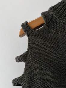 Suéter corto de manga larga de punto para mujer, diseño con detalle calado, ligeramente elástico y semitransparente, adecuado para usar en otoño - Gris Oscuro - Ver 3
