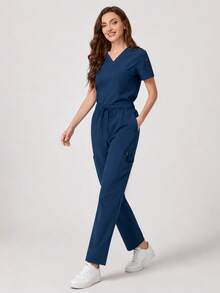 Women's V-Neck Multi-Pocket Scrubs Nurse Scrub, Workwear For Dentist, Healthcare, Pet Hospital, Laboratory Fall - Navy Blue - View 6