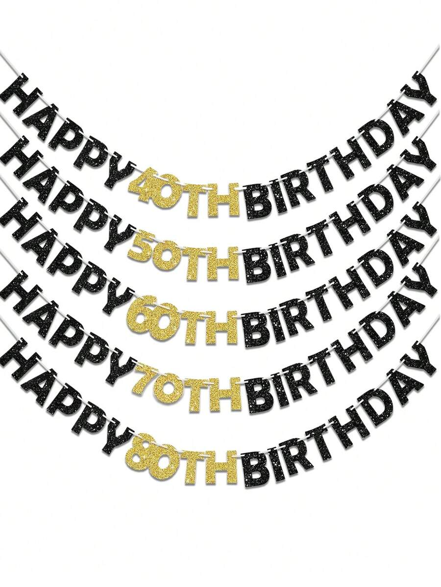 1pc Black & Gold Glitter 40th/50th/60th/70th/80th Happy Birthday Banner For Birthday Party Decoration - Black Gold - View 1