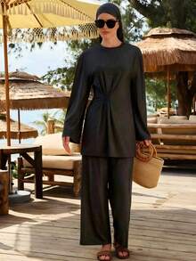 VFJ Women's Casual Black High Elasticity Round Neck Burkini Top With High Waist Swim Bottoms, Conservative Beach Swimsuit Vacation Summer - Black - View 7