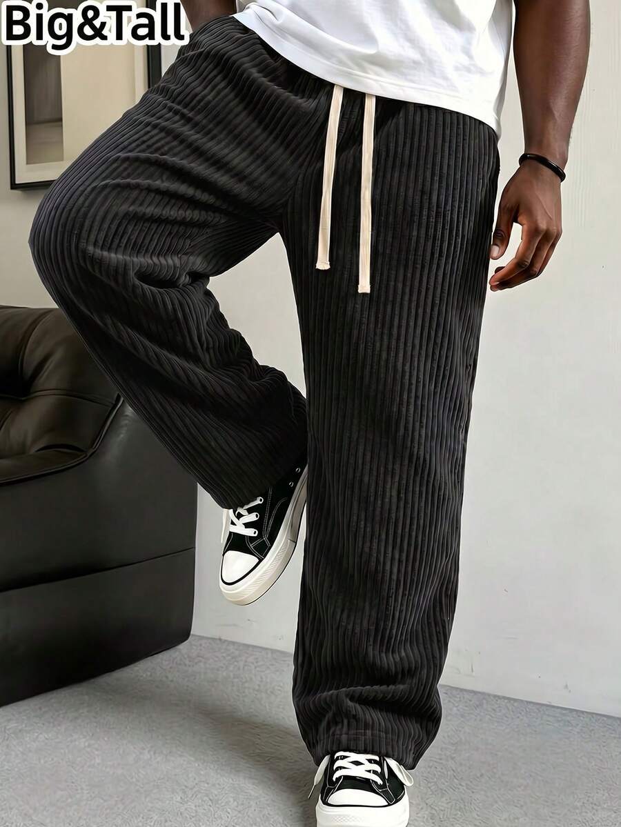 Plus Size Men's Thick Corduroy Long Pants, Comfortable Texture, Minimalist Label Decoration On Back Pocket, Suitable For Casual, Sports, Work Commute - Black - View 1